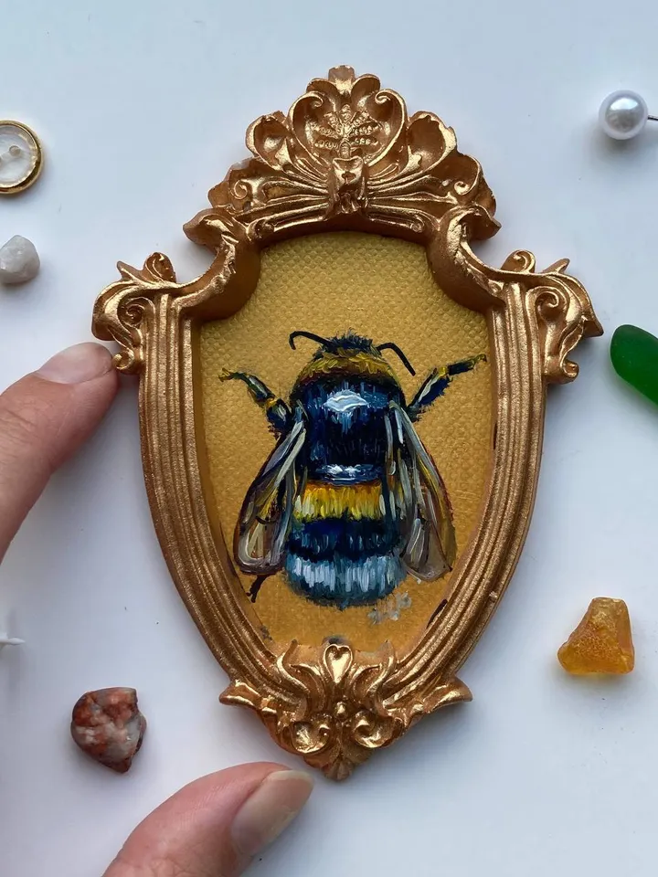 Framed Bumblebee Oil Painting Original Entomology Art Bee Painting Victorian