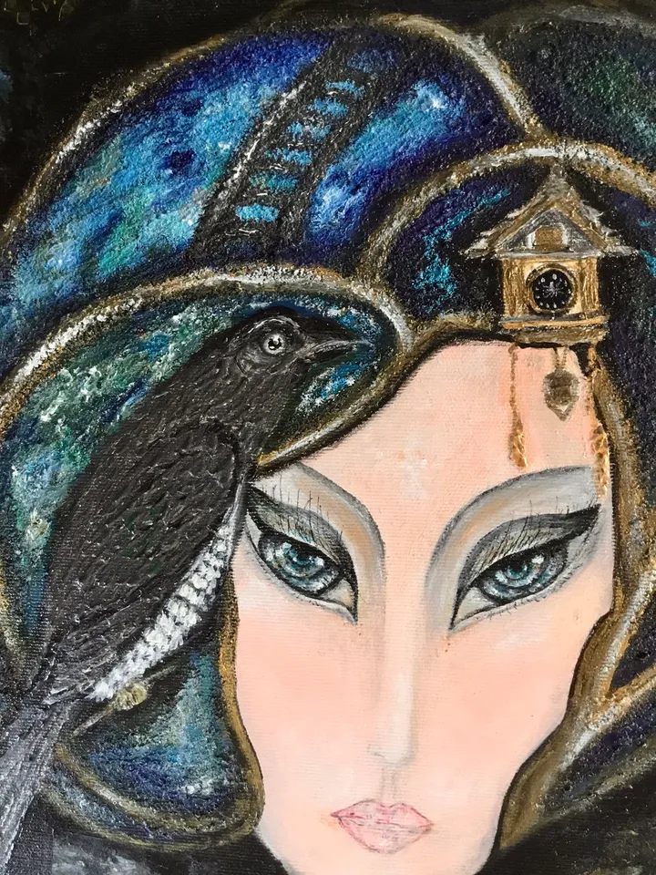 Woman portrait painting,Fantasy portrait of a woman with watches and magpie,collage background,acrylic on stretched canvas.