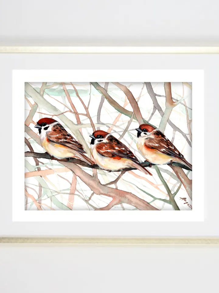 Original watercolor sparrows painting 8x11 in, sparrows on a branch by Anne Gorywine