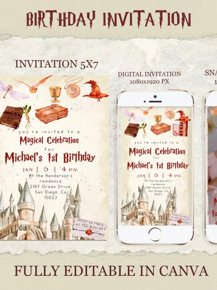 Wizard School 1st Birthday; Magic School Party Invite Template; The Chosen One Wizard Birthday Invitation; Magical First Birthday canva diy