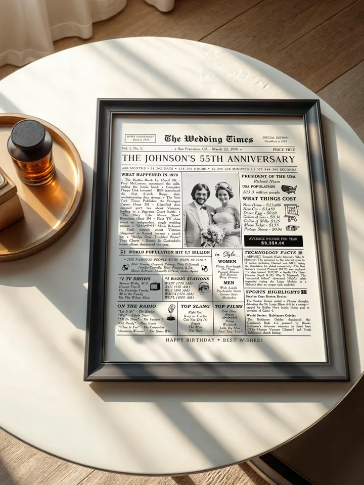 55th Anniversary Newspaper Canva Template, 1970 Wedding Infographic Printable Gift, 55 Years Married Poster for Parents or Couple