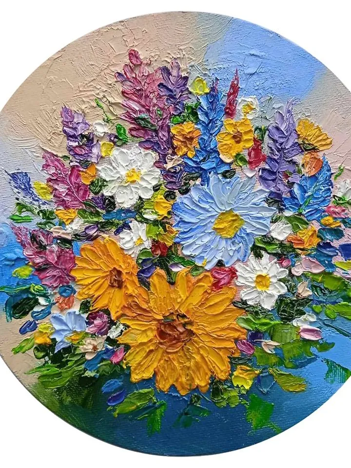 Round Oil Painting Bright Flowers Chamomile Sunflowers Miniature Impasto d.18 cm
