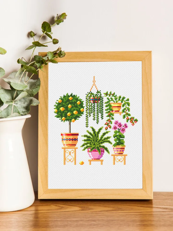 Potted plants cross stitch pattern download PDF Floral cross stitch sampler, Small house plant embroidery PDF, Garden cross stitch chart #P1