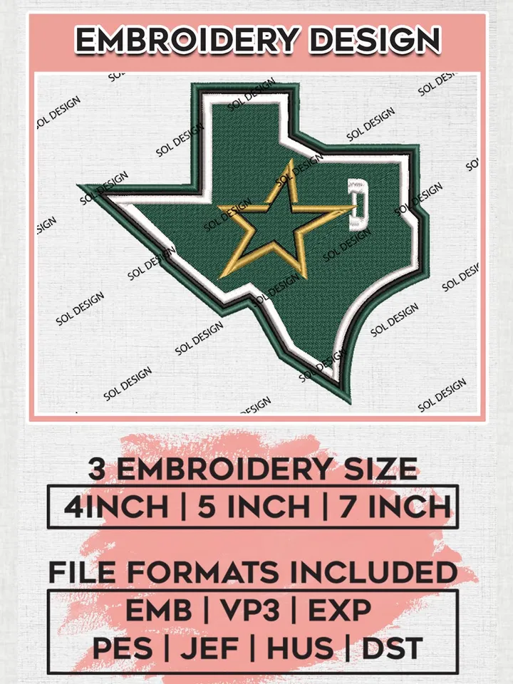 NHL Dallas Stars Map Logo Embroidery Designs, NHL Dallas Stars Embroidery Designs, NHL Embroidery Designs, NHL Machine Embroidery Designs, Digital Download