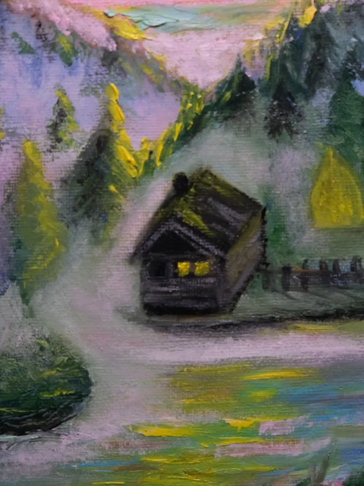 Oil Painting House in the Mountains Misty Dawn Mountains Mountain Landscape Mountain River Recreation Tourism Travel Canvas on Cardboard Miniature 9x7 inches 24x18 cm Wall Decor Gift for the occasion