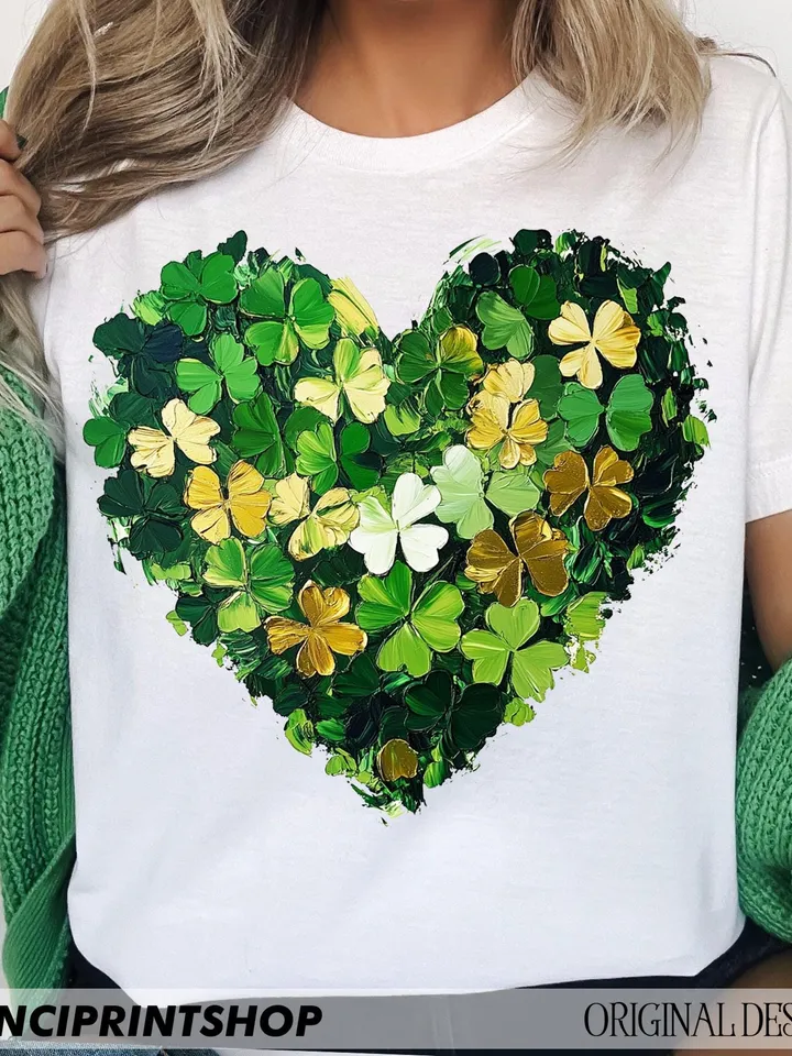 St. Patrick's Day Brushstroke Shamrock Heart PNG, Green and Gold Clover, Lucky Shamrock Design, St.Patrick's Day png, Clover png, Lucky png