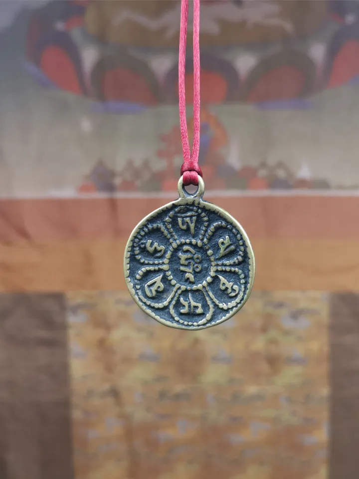 Gandhanra Handmade Tibetan Buddhist Amulet,Om Badge Pendant, Mantra of Om Mani Padme Hum, Made of Brass,1.26"
