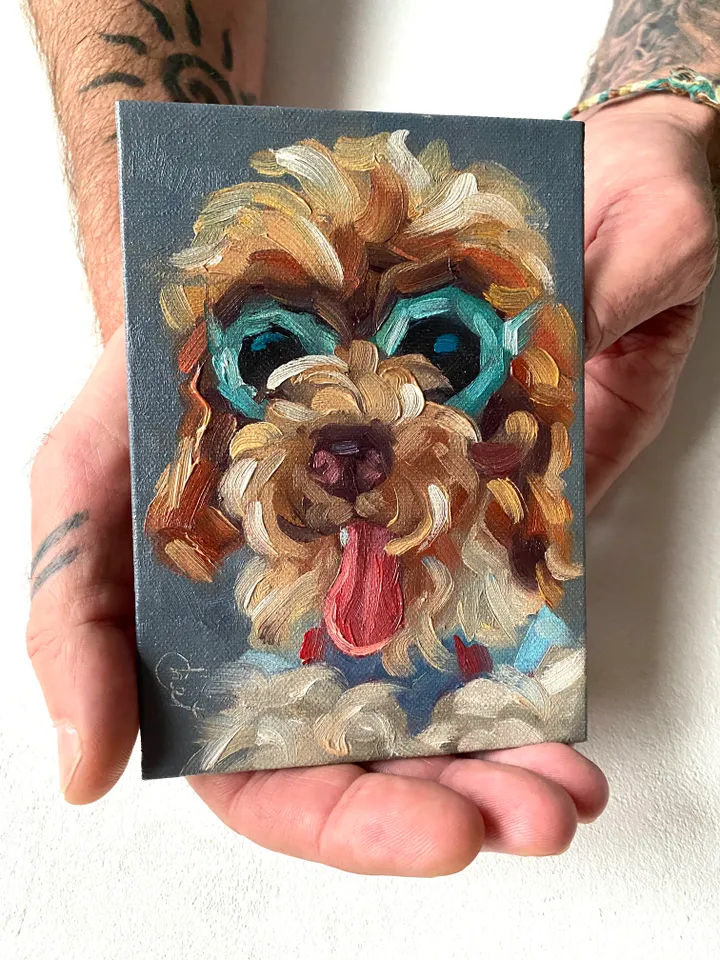 Dog oil painting original, Pet portrait artwork, Animal miniature wall art 4x6