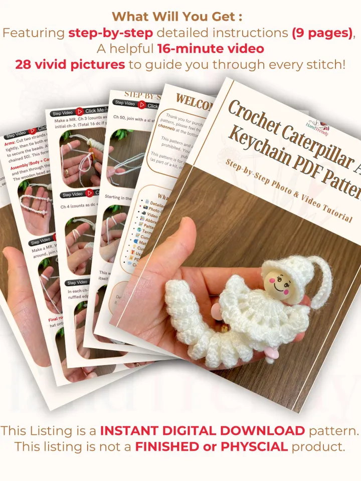 Crochet Caterpillar Angel Keychain PDF Pattern, Amigurumi Bug with Hat & Cape, Cute Guardian Angel Ornament DIY, Handmade Keychain Gift