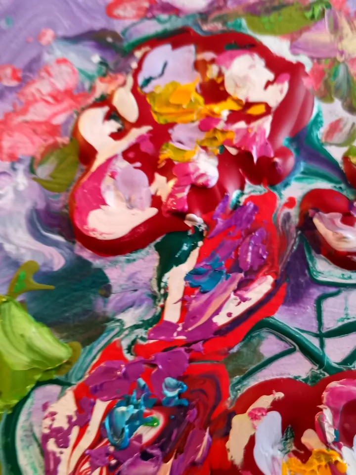 Bouquet Red Flower Abstract Roses Impasto Painting Original Art Artist Svinar Oksana
