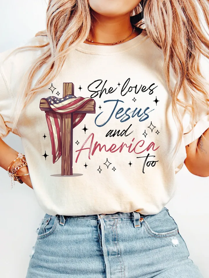 She Loves Jesus And America Too Png, America Png, Retro America Png, 4th Of July PNG, Retro 4th Of July Sublimation Design, Patriotic Png,