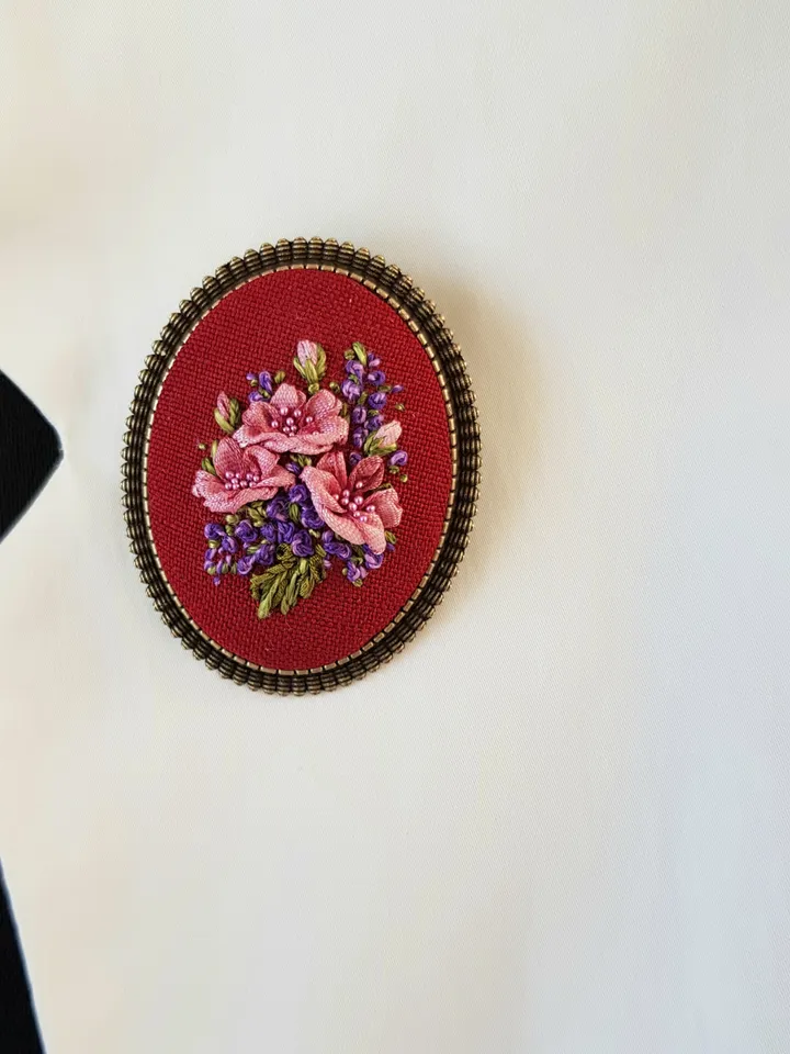 Ribbon embroidered bordo color brooch for her, hand embroidery jewelry