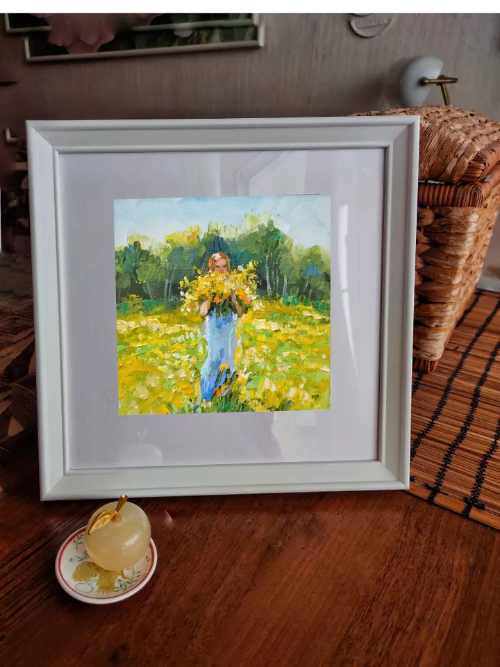 Original Art Yellow Flowers and Girl Wall Art Oil Painting Impasto Artwork Canvas Art Small Painting 6 by 6 inches