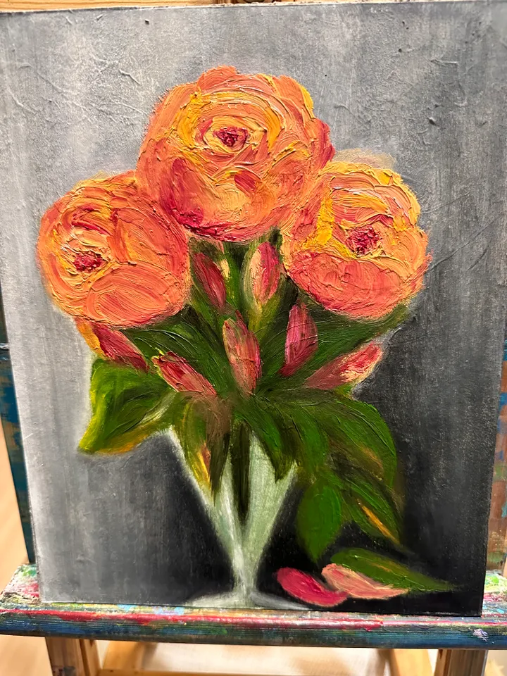 Oil Painting Bouquet of Pink Peonies in a Glass Vase Peonies Flowers Still Life Nature Wall Decor Cardboard 10x8 inches 26x21 cm