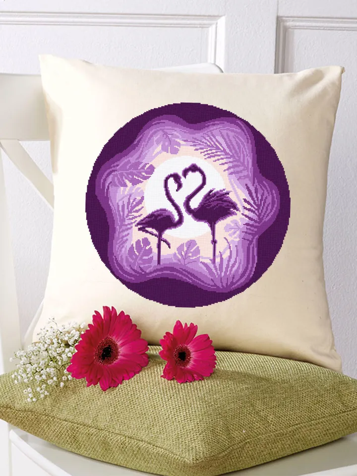 Flamingo cross stitch pattern download PDF, Purple cross stitch birds, Cute flamingo hand embroidery PDF, Tropical leaves cross stitch #L49