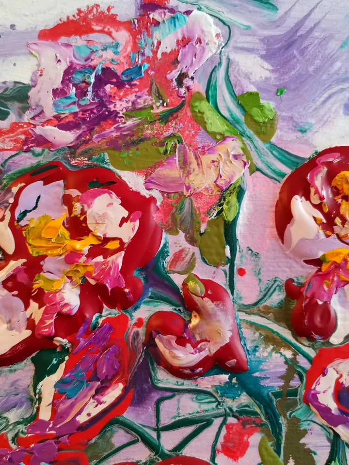 Bouquet Red Flower Abstract Roses Impasto Painting Original Art Artist Svinar Oksana
