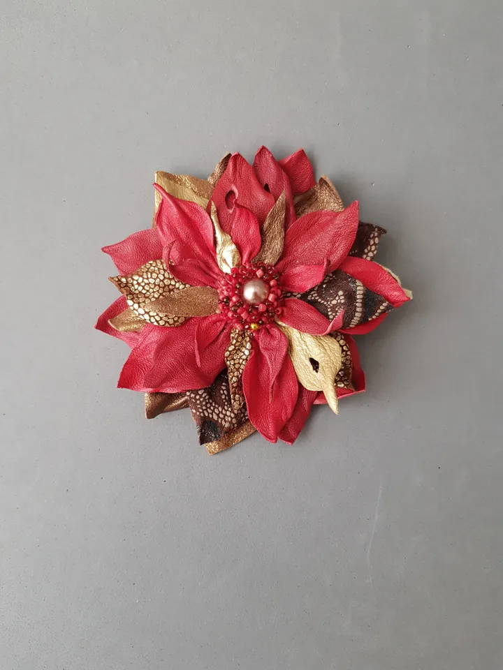 Red leather brooch for her, Leather womens jewelry
