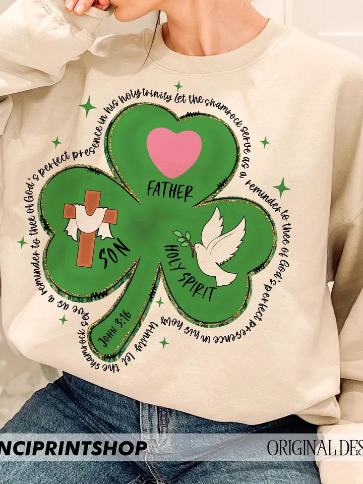 Shamrock Holy Trinity - St. Patrick's Day Bible Verse Cards, Father, Son & Holy Spirit 3 Leaf Clover, Christian St. Patrick's PNG, Regilious