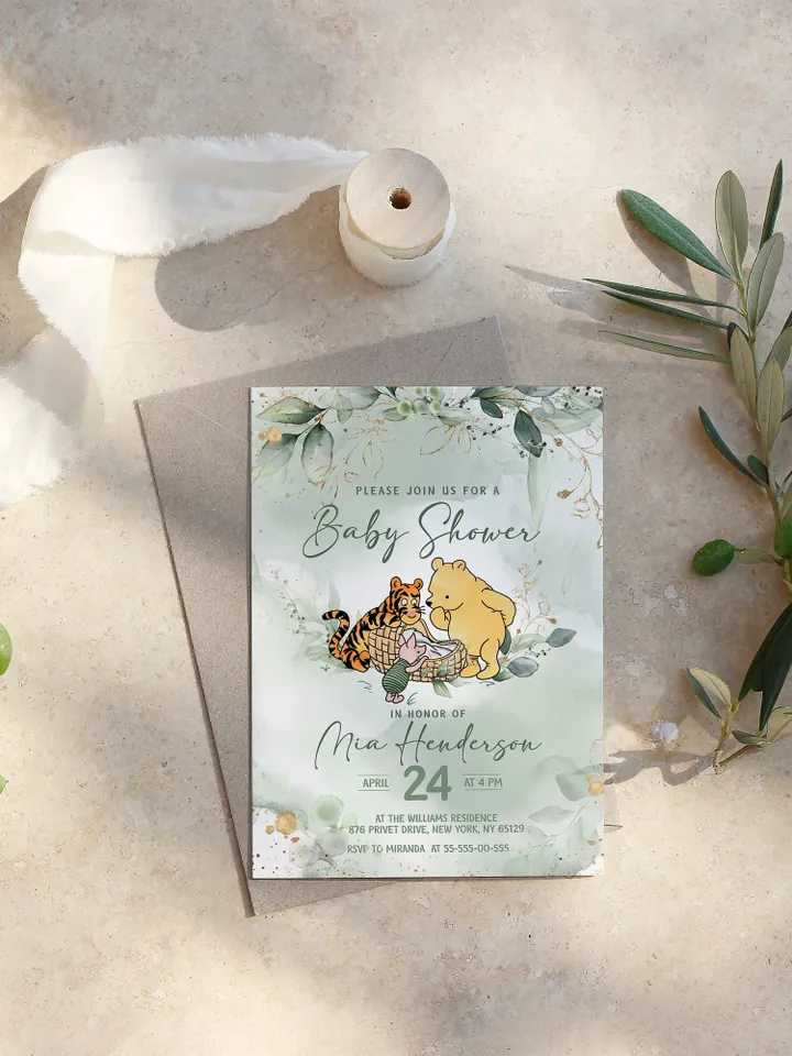 Classic Winnie Pooh Baby Shower Invitation; Pooh Baby Shower Editable Template; Greenery Floral Baby Shower; Baby Shower trend of 2023