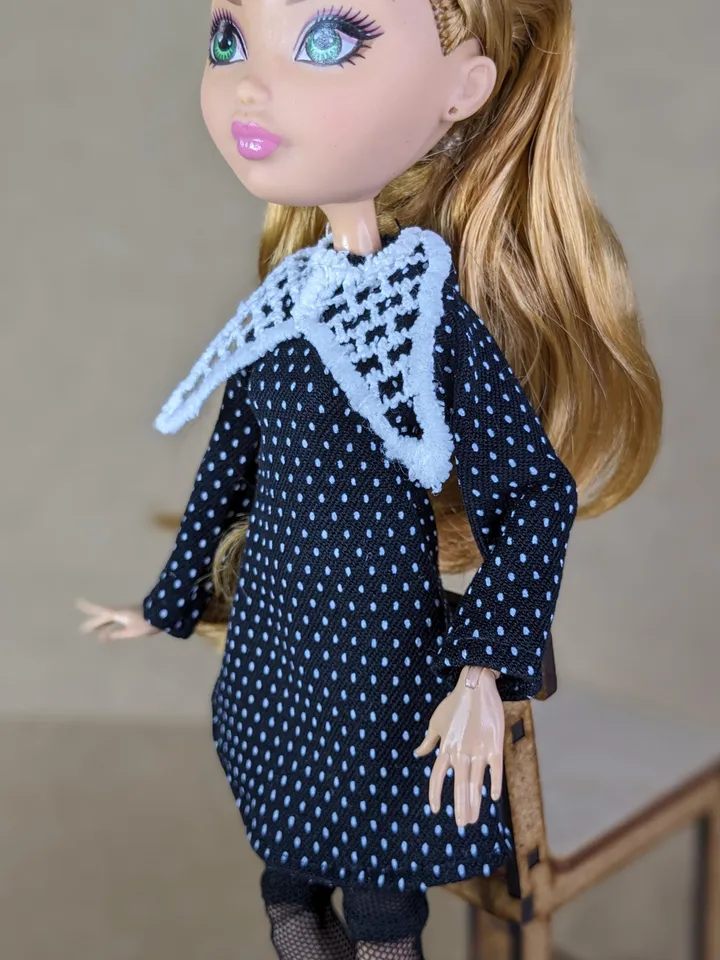 Handmade polka dot black dress for 10.5-inch female dolls (MH, EAH)