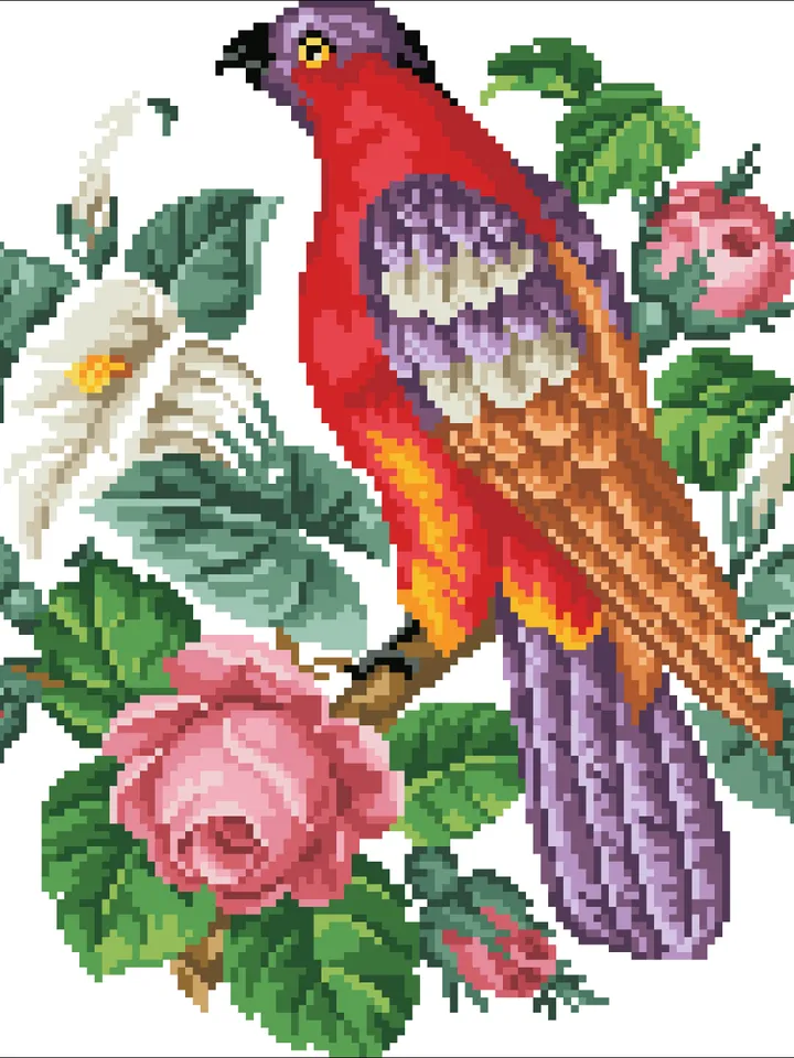 Antique Cross Stitch Pattern Bird on a Branch with Flowers Counted Digital Download PDF