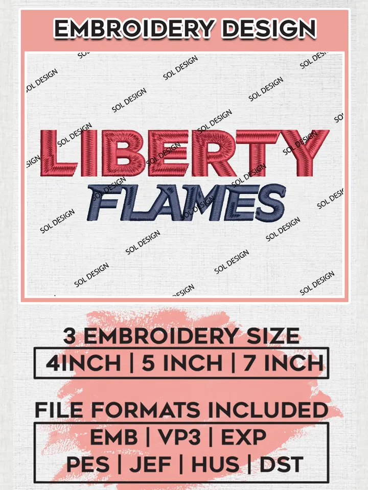 NCAA Liberty Flames Football Team Writing Logo Embroidery Design Files, NCAA Liberty Flames Machine Embroidery, NCAA Teams, Game Day, 3 sizes, NCAA Machine embroidery designs, Digital Download