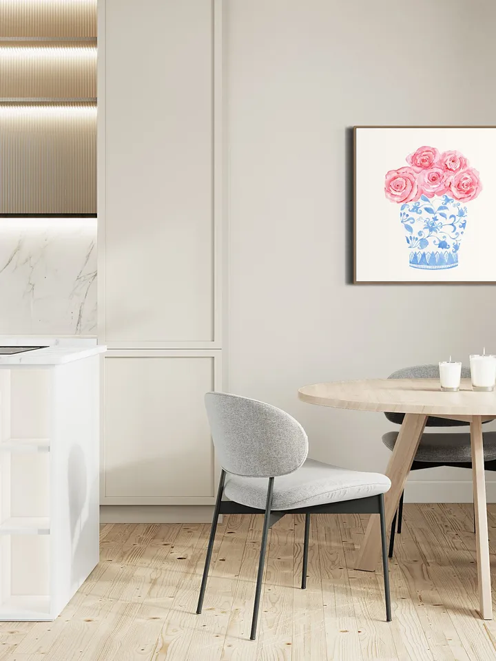 Blue Chinoiserie Vase Pink Rose Print, Watercolor Painting, Porcelain Giclee, Ginger Jar, Hampton Style Decor, Gift For Her, Blue And White