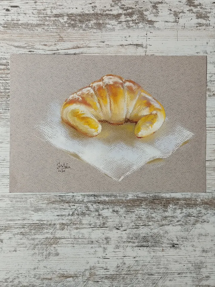 Croissant. Original soft pastel drawing.