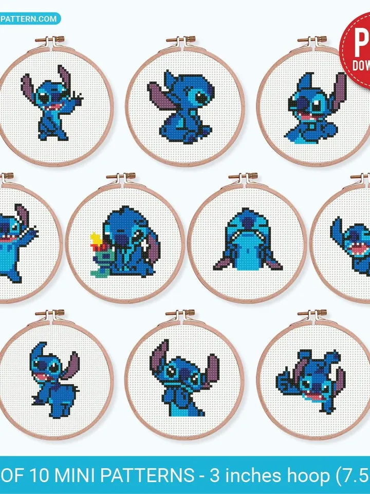 Bundle of 10 mini Lilo and Stitch Cross stitch patterns, Cartoon, Set Small, beginner, modern chart, gift DIY, embroidery, instant PDF