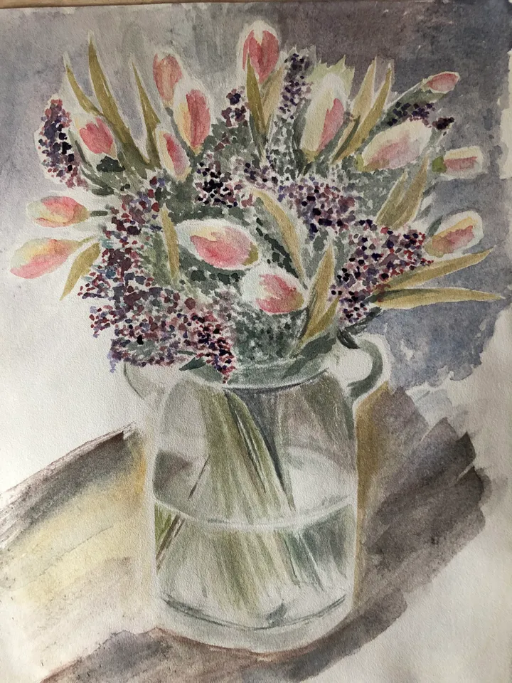 Pink tulips in vase original watercolour painting wall art flowers modern painting hand painted paper size 7x9 inches