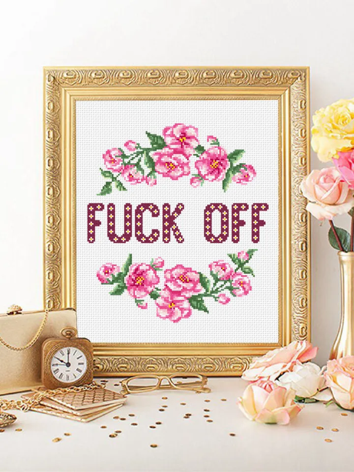 Framed quote cross stitch pattern Fuck Off download PDF Flower wreath cross stitch chart, Funny cross stitch Home decor, Flower sakura #Q34