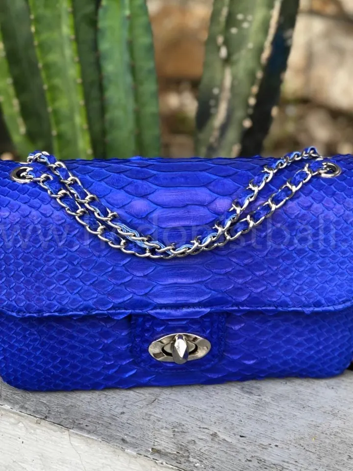 Blue Genuine Python Skin Crossbody Chain Bag | Bright Summer Bag | Elegant Women Bag | Chain Strap Crossbody Ultramarine Royal Blue Purse