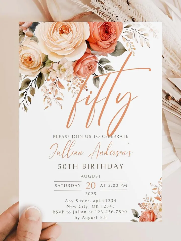 50th Birthday Invitation, Birthday Party Invitations for Women, Fifty Floral Birthday Invite for Her, Canva Editable Template, Digital File