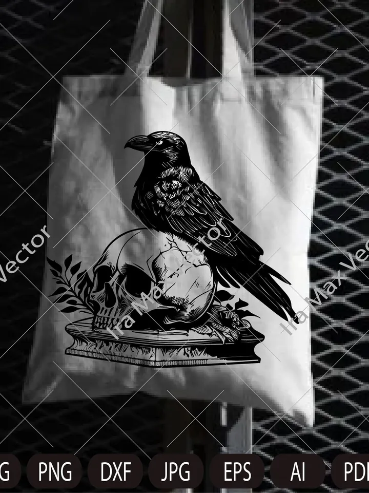 Raven on Skull SVG ,Skull Death, Black Crow Head Bone, Vintage Design, Gothic Art, Raven Print, Printing Clipart