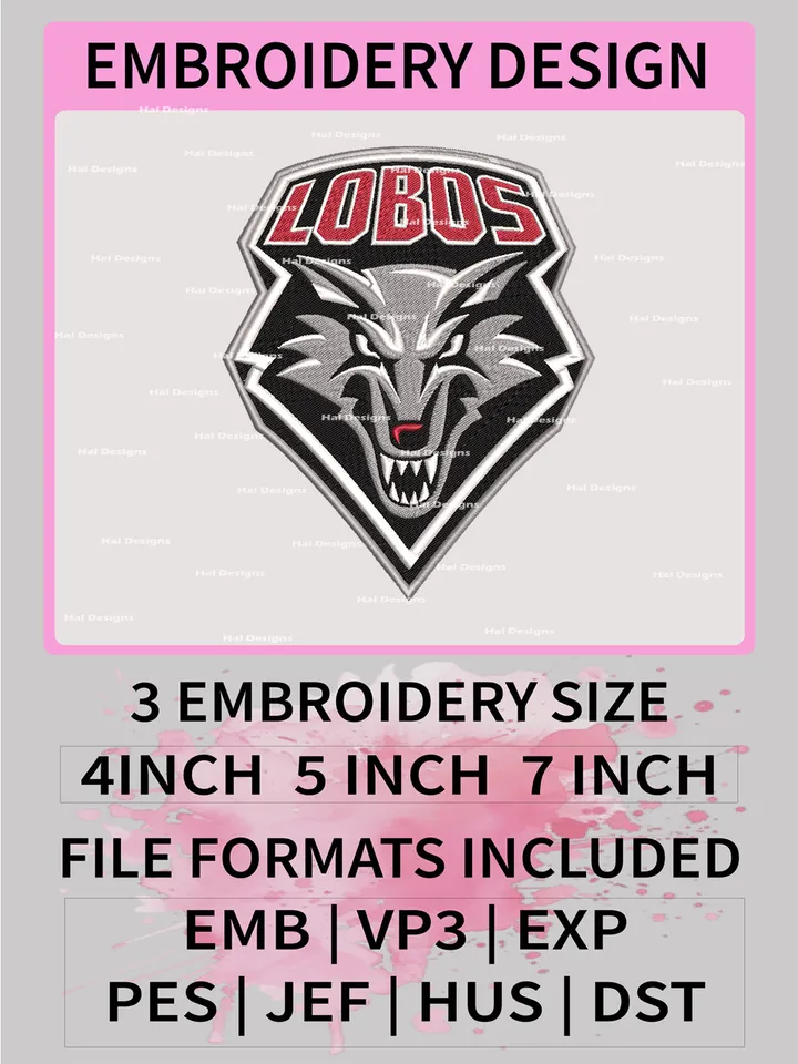 NCAA New Mexico Lobos Embroidery File, 3 Sizes, 6 Formats, NCAA Machine Embroidery Design, NCAA Logo, NCAA Teams