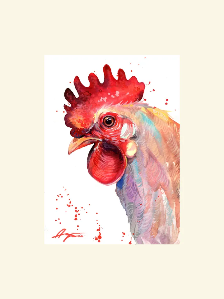 Rooster original watercolor, birds painting, wall decor, 7x10 in art for bird lovers by Anne Gorywine