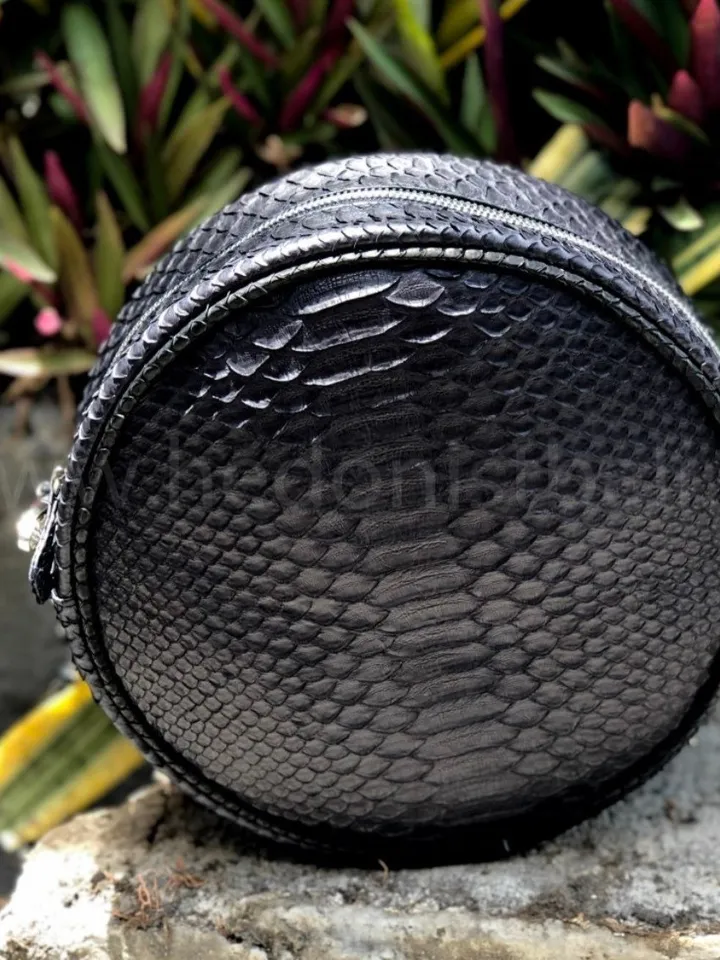 Genuine Python Skin Black Round Crossbody Chain Bag | Round Bags | Exotic Leather Bags | Classy Women Leather Snakeskin Bag | Designer Bag