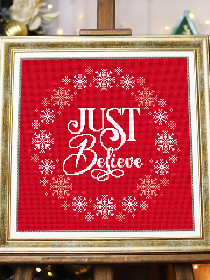 Christmas cross stitch pattern download PDF, Snowflake wreath cross stitch Christmas quotes Just believe, Christmas pattern digital PDF #N43