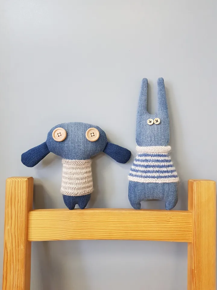 Rabbit sewing and knitted patterns PDF digital tutorial, denim Rabbit in striped sweater