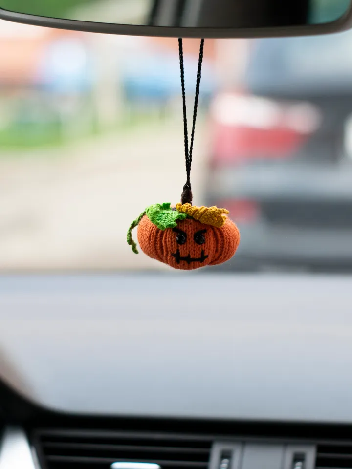 Stuffed pumpkin car accessory for women for Halloween, car boho decoration, rear view mirror charm, crochet car pendant