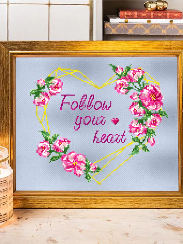 Floral heart cross stitch pattern PDF download Heart frame cross stitch chart, Follow your heart pattern digital PDF, Valentines stitch #Q1