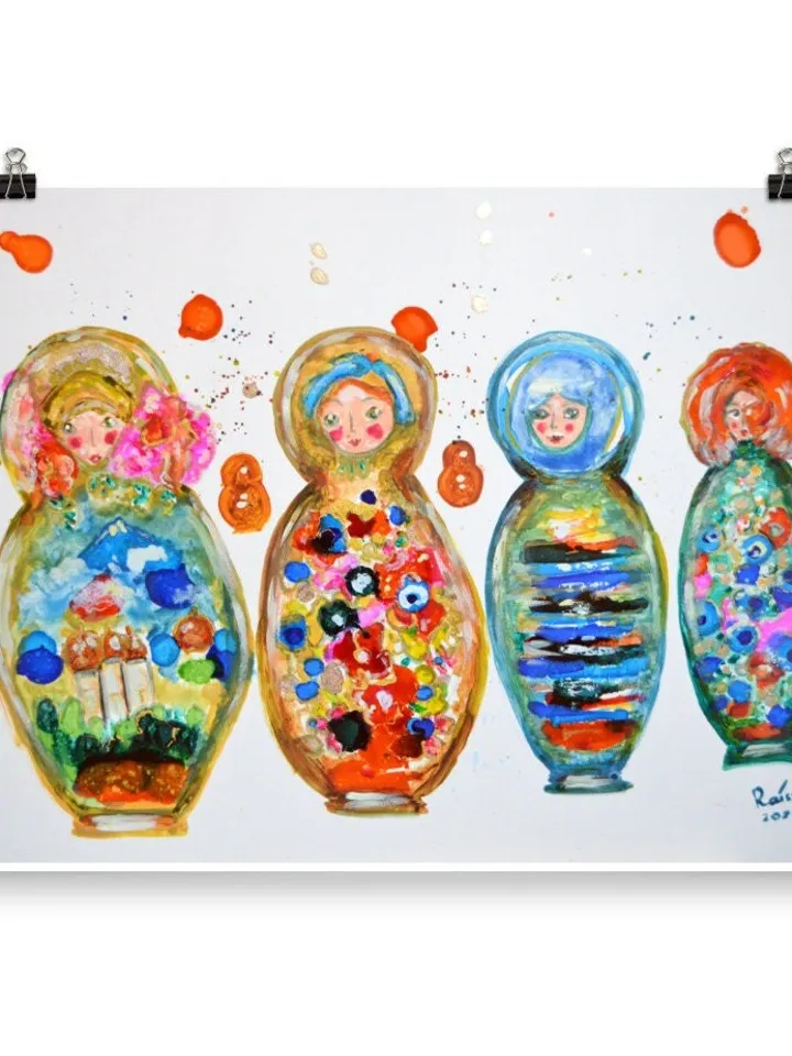 Russian dolls Poster, colourful poster made from my original mix media painting on yupo paper,dolls painting wall decoration