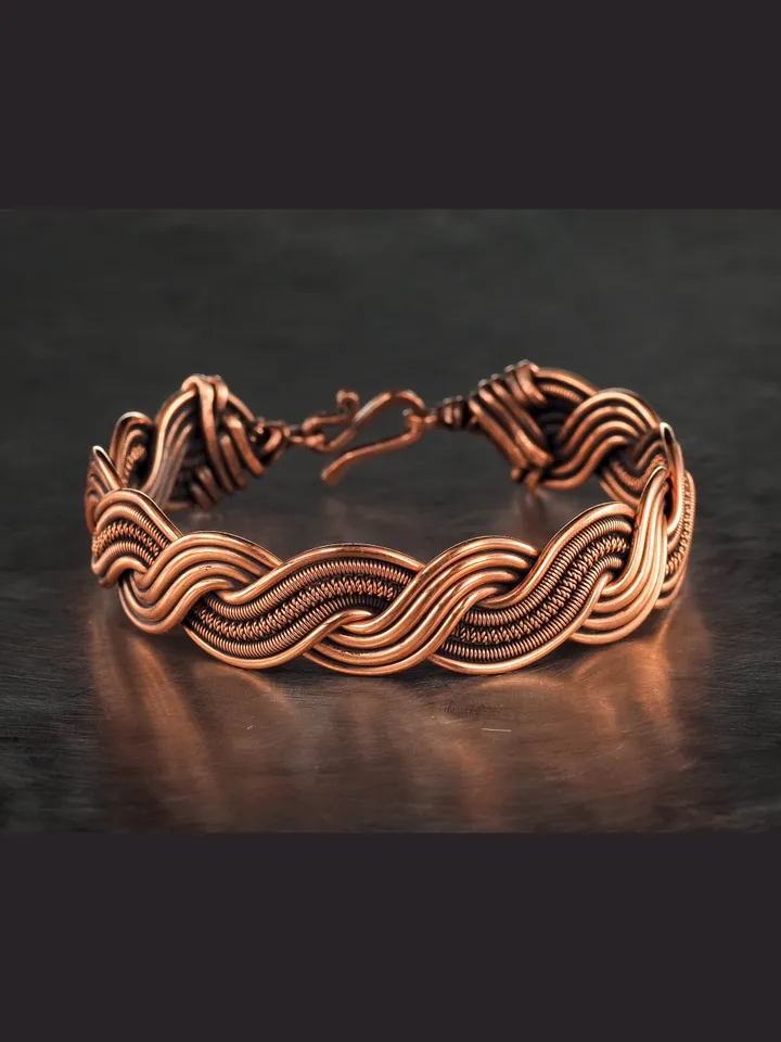 Wire wrapped bracelet, Unique 7th 22nd Anniversary gift idea, Art Nouveau antique style, One of kind braided statement bangle, Handmade oxidized pure copper jewelry, Pain relief, EMF protection
