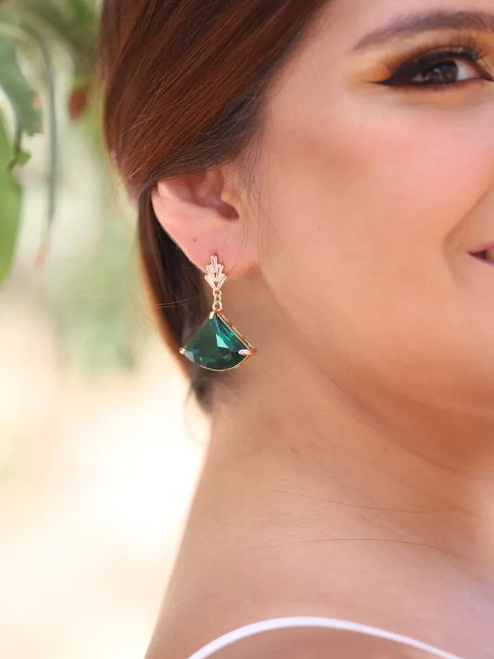 Art Deco Earrings, Statement Earrings, Gold Emerald Green Earrings, Fan Earrings, Statement Earrings, Boho Bridal Earrings, Bridal Jewelry
