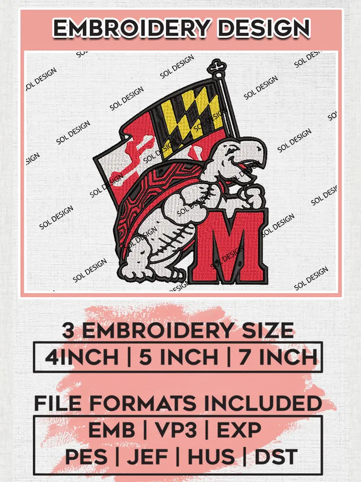 Maryland Terrapins Football Team Mascot Logo Embroidery Design Files, NCAA Maryland Terrapins Machine Embroidery, NCAA Teams, 3 sizes, NCAA Machine embroidery designs, Digital Download