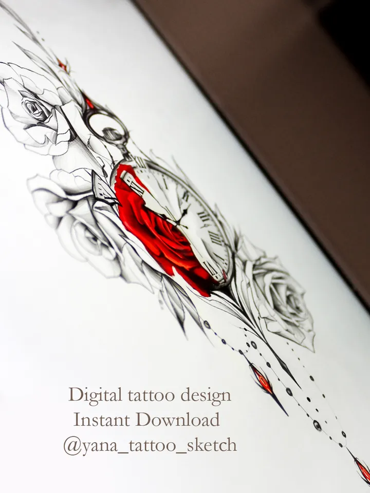 Pocket Watch Tattoo Design Pocket Watch Tattoo Stencil Drawing Idea, Instant download PDF, JPG