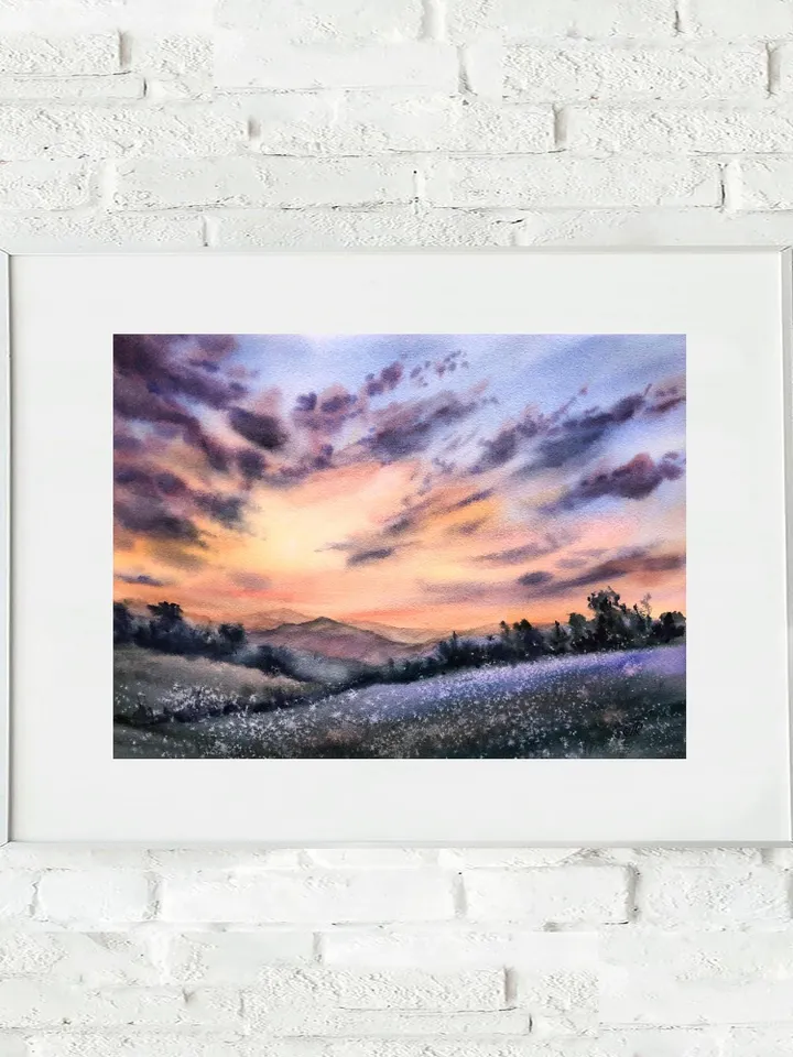 Sunset Watercolor Painting Landscape Set of 4 Prints Sunset Postcards