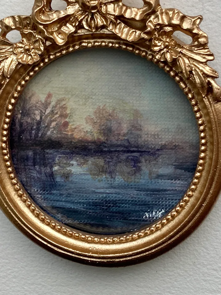 Round Forest Painting Landscape Dark Art Original Moody Victorian Painting Small Framed Wall Decor Gold Frame 4 by 4 Art