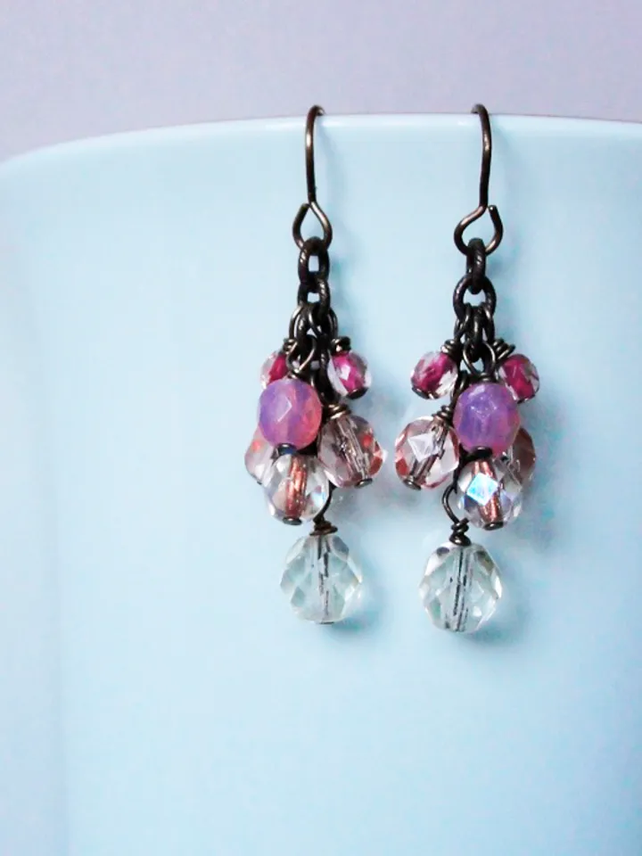Solid and natural brass Boho Shabby chic with Czech glass beads earrings with chain.