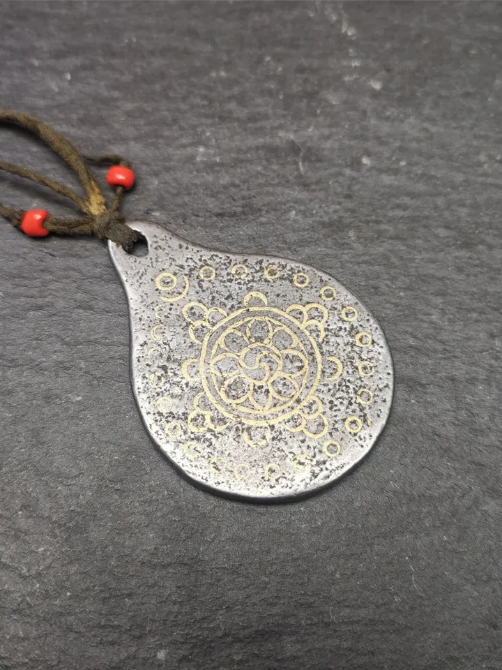 Gandhanra Handmade Tibetan Buddhism Amulet, Dharmachakra Symbol,Prayer Wheel of Dharma, Made of Cold Iron,1.85" × 1.42"